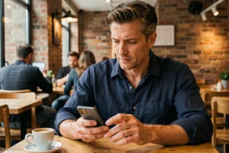 Homme dans un café regardant son smartphone pour envoyer un SMS anonyme de façon sécurisée