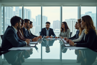 Groupe de professionnels en réunion dans un bureau moderne