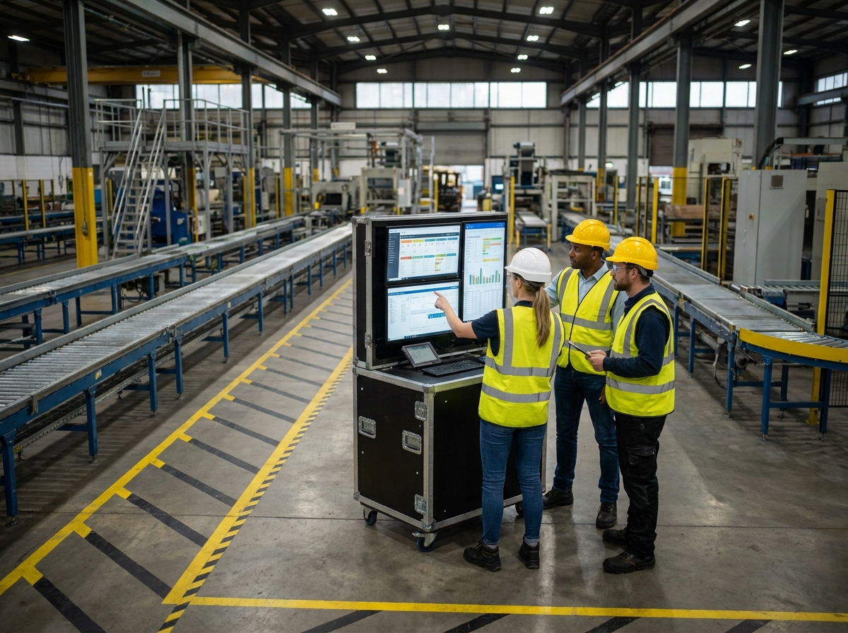 Équipe d'ingénieurs de maintenance industrielle collaborant autour d'un poste de contrôle numérique décentralisé en usine