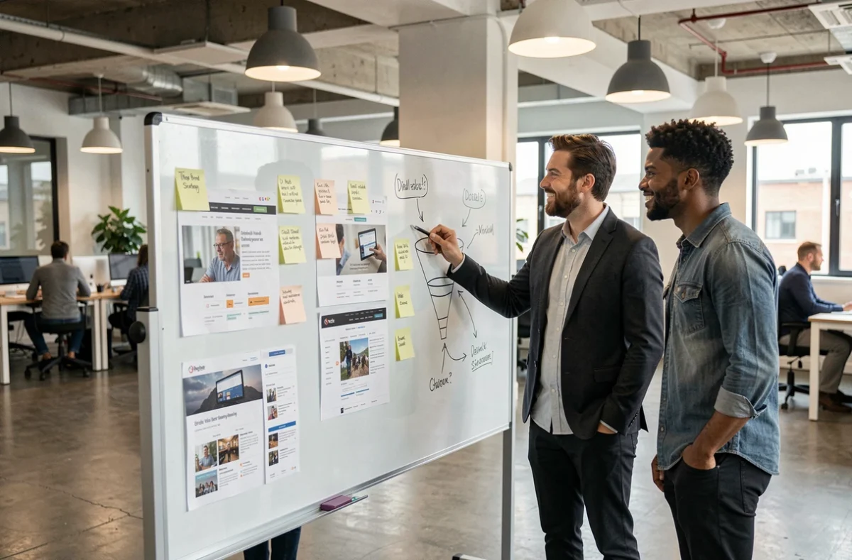 Équipe marketing analysant la stratégie de présence numérique d'une marque comme dfendr en agence