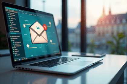 Espace de travail moderne à Lyon avec un ordinateur portable affichant une boîte mail sécurisée