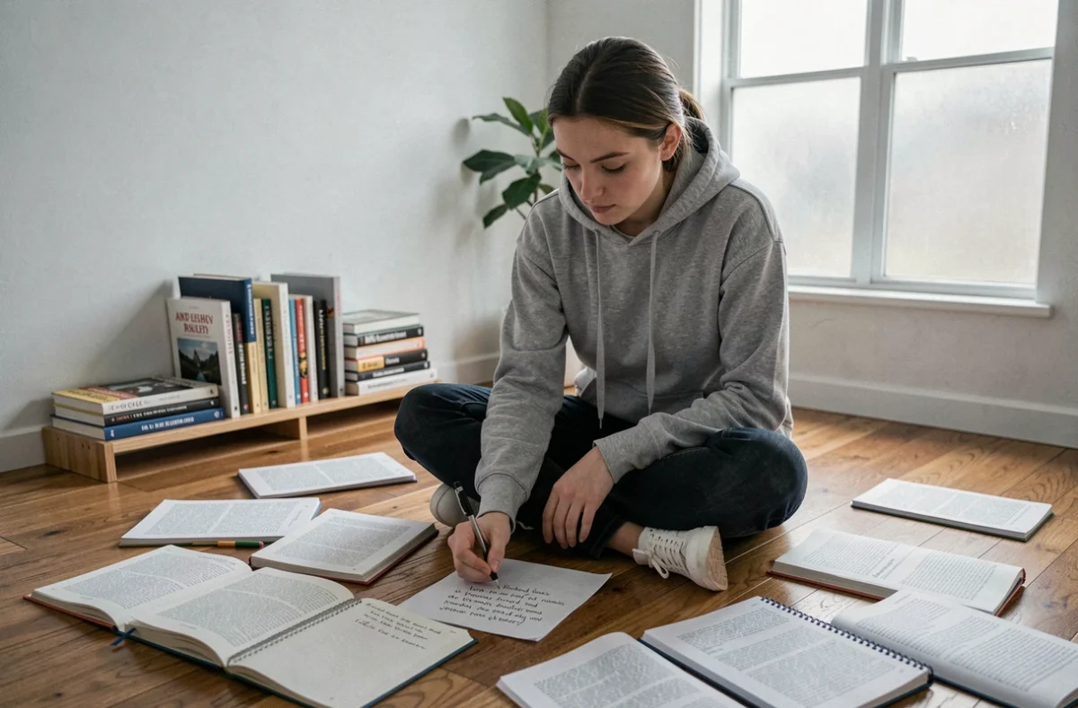 Étudiante analysant une citation de Rimbaud entourée de notes manuscrites sur le sol de son appartement