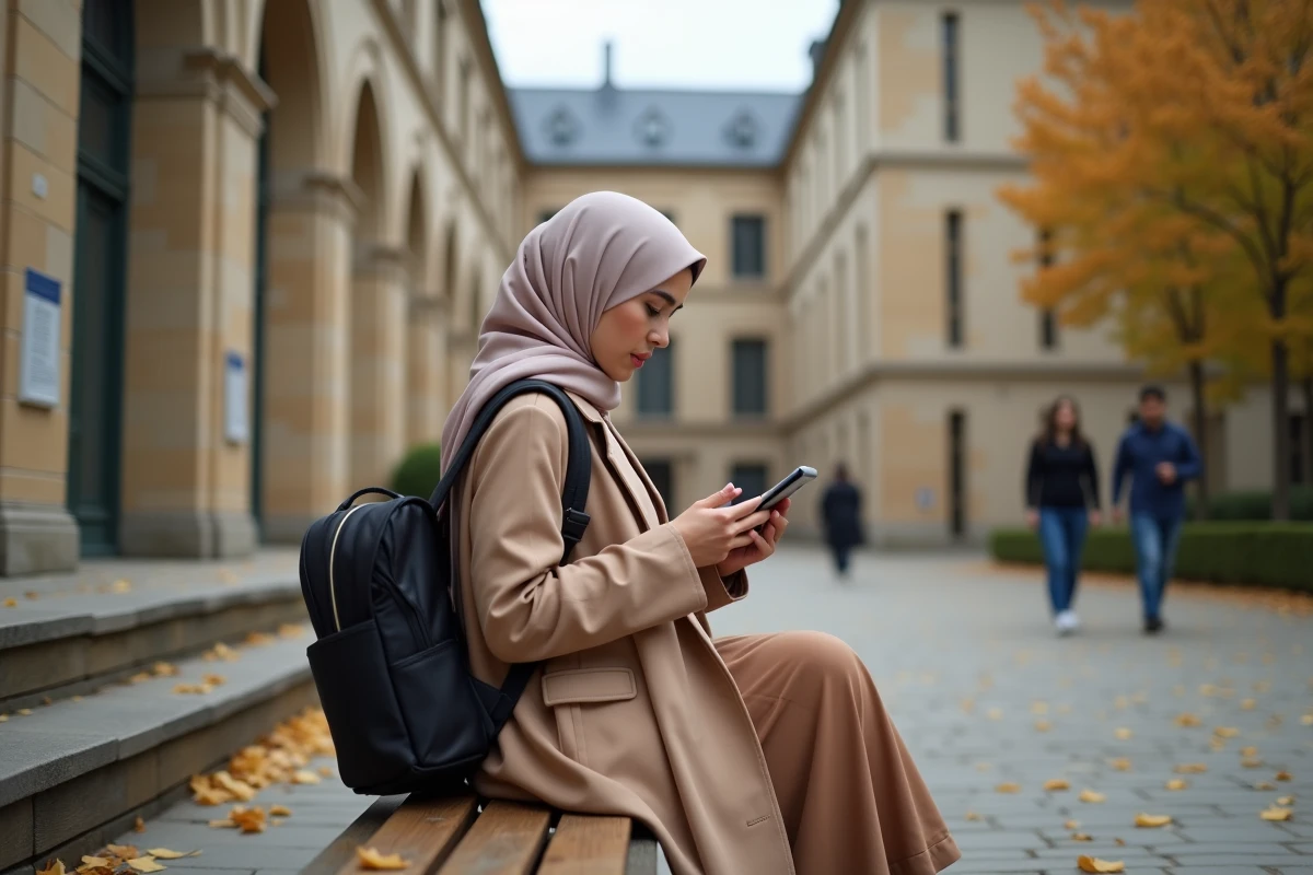 Étudiante musulmane consultant les heures de prière sur son téléphone dans une cour d'université à Toulouse