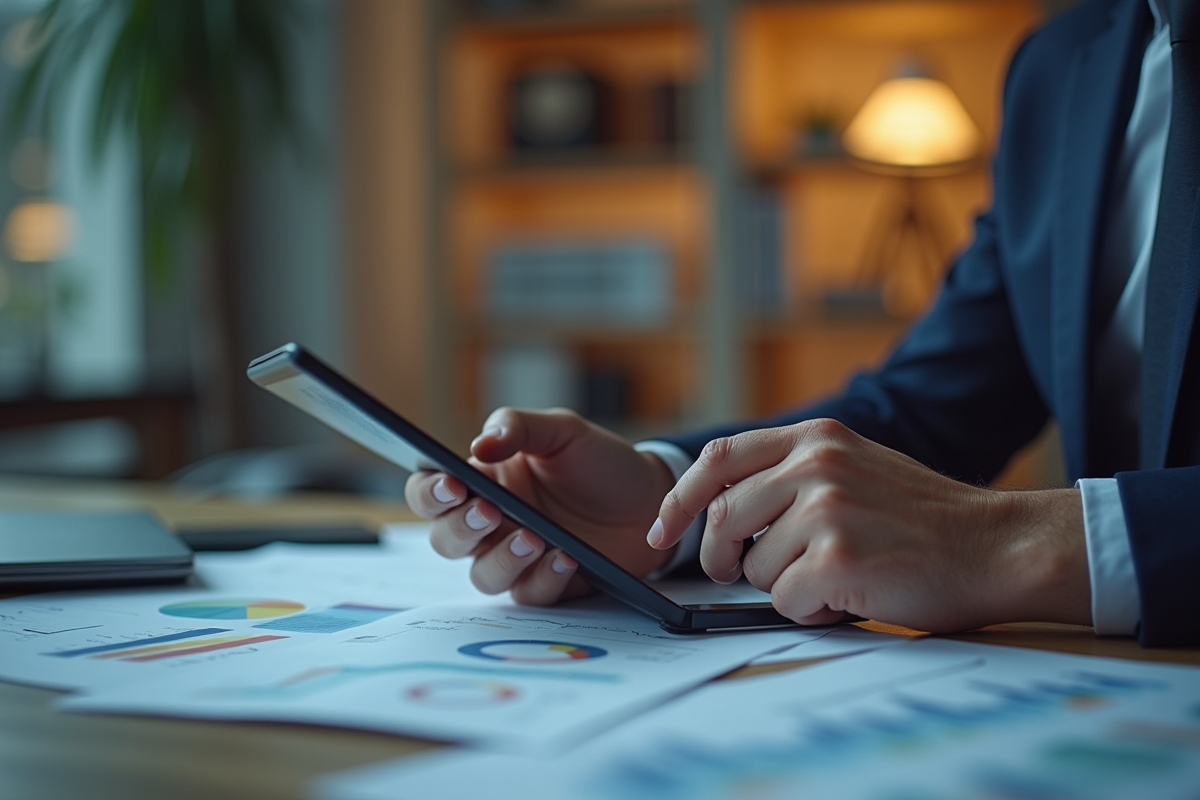 Cadre analysant des graphiques sur une tablette dans un bureau