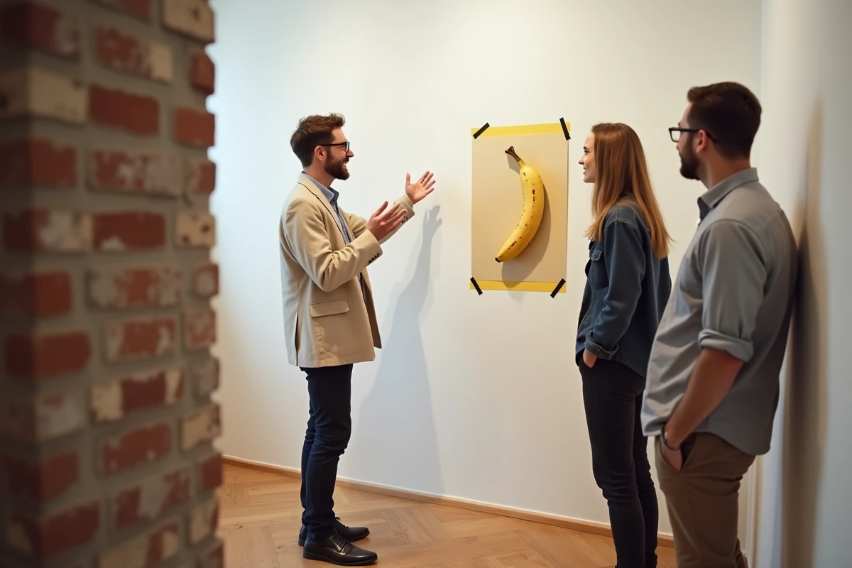 Homme expliquant l'art de la banane scotchée à ses amis sceptiques dans une galerie d'art moderne, discussion artistique animée