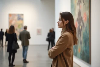 Femme contemplant une grande peinture contemporaine dans un musée d'art moderne à Lyon