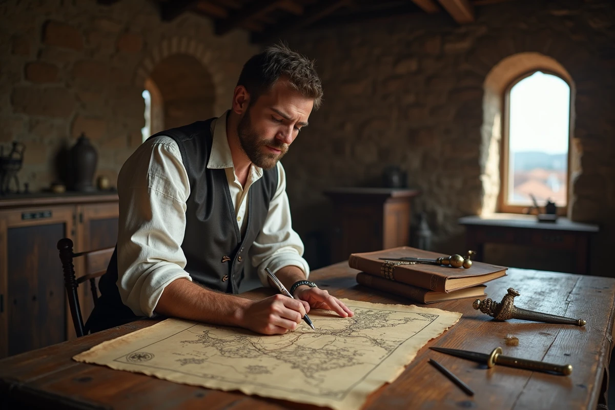 Homme en tenue Renaissance étudiant une carte ancienne dans une salle en pierre, ambiance Assassin's Creed et univers d'Ezio Auditore
