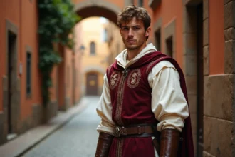 Jeune homme en costume Renaissance italien dans une ruelle florentine, évoquant le personnage Ezio Auditore d'Assassin's Creed