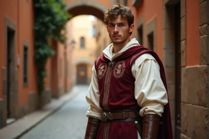 Jeune homme en costume Renaissance italien dans une ruelle florentine, évoquant le personnage Ezio Auditore d'Assassin's Creed