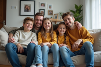 Famille multigeneration assise sur un canapé dans un salon chaleureux