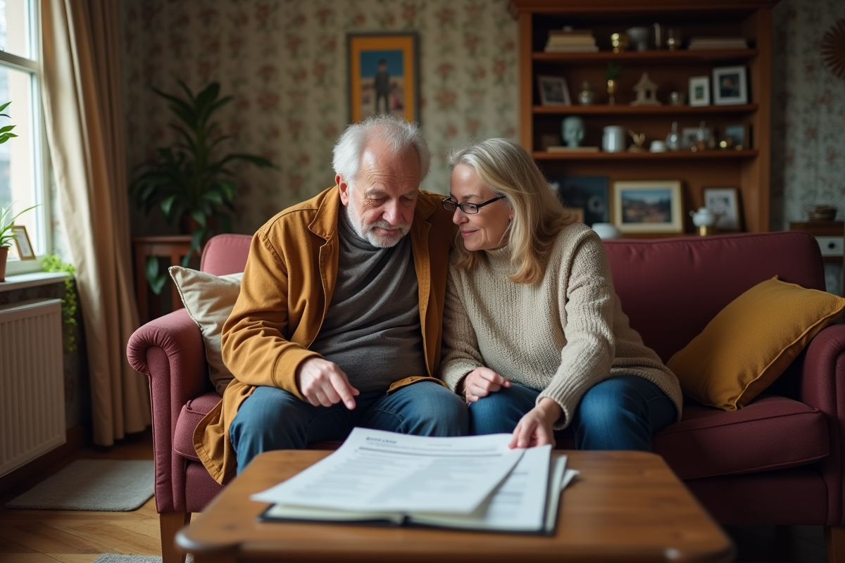 Vieux homme et jeune femme discutent d un rapport immobilier