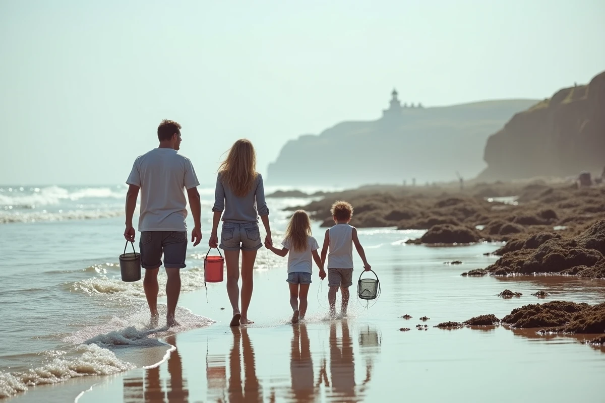 Famille explorant les rochers découverts à marée basse sur la côte de Saint-Hilaire-de-Riez