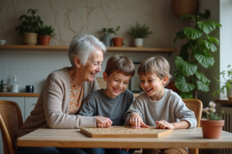 Trois générations de famille partageant un jeu de société à la maison