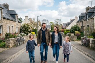 Famille de quatre marchant dans une rue résidentielle à Nantes