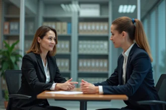 Femme d'affaires en discussion avec un huissier dans un bureau moderne