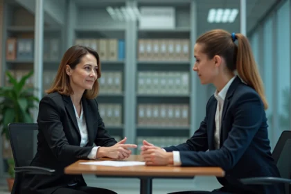 Femme d'affaires en discussion avec un huissier dans un bureau moderne