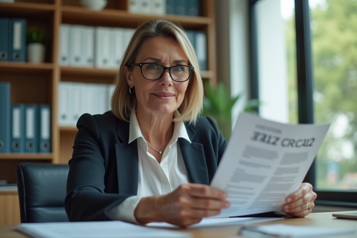 Femme d'affaires dans une banque régionale avec brochure CRCA22