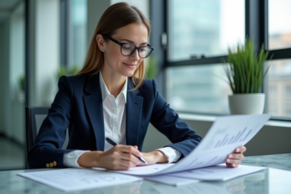 Femme d'affaires en bureau moderne avec rapports d'investissement