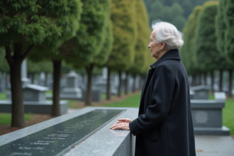 Femme âgée devant une plaque funéraire en pierre au cimetière