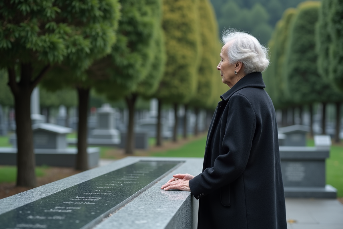 Femme âgée devant une plaque funéraire en pierre au cimetière