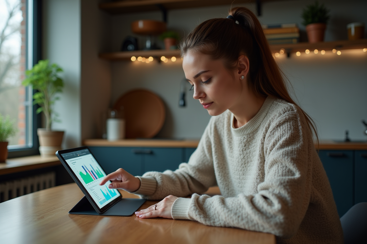 Femme détendue analysant des graphiques sur une tablette à la maison