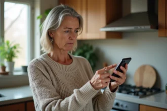 Femme agacée regardant un appel entrant suspect sur son smartphone dans sa cuisine, illustrant le démarchage téléphonique indésirable