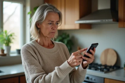Femme agacée regardant un appel entrant suspect sur son smartphone dans sa cuisine, illustrant le démarchage téléphonique indésirable