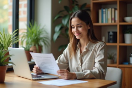 Femme souriante avec papiers de location dans un appartement moderne