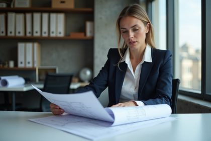 Femme architecte française examine des plans dans un bureau moderne