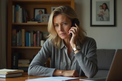 Femme d'âge moyen parlant au téléphone dans son salon