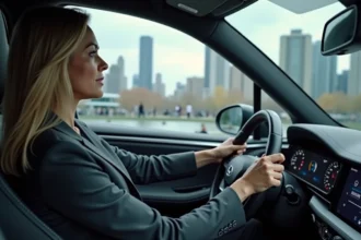 Femme d'âge moyen dans une voiture autonome moderne en ville