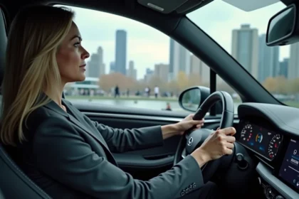 Femme d'âge moyen dans une voiture autonome moderne en ville