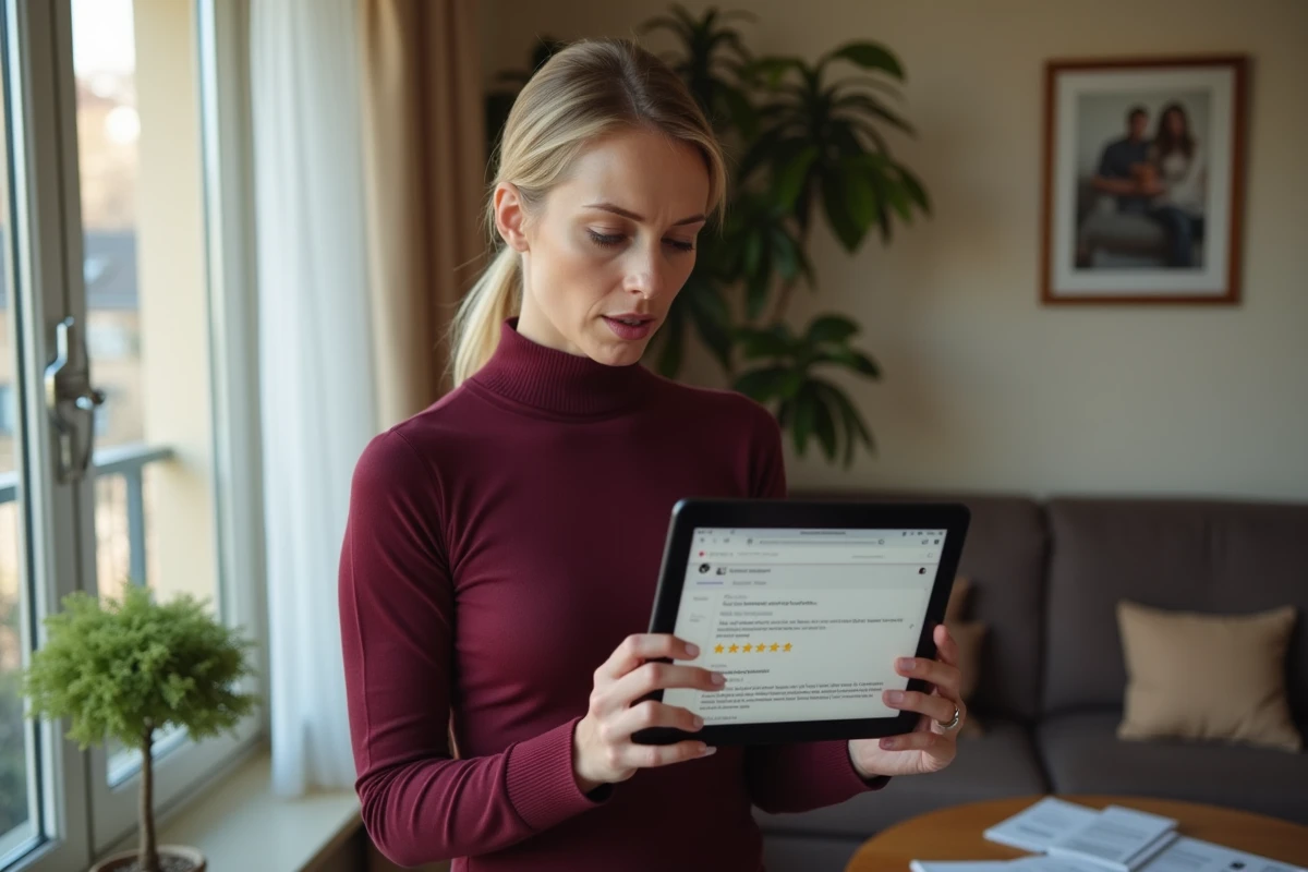 Femme lisant des avis sur des voyants depuis une tablette, perplexe devant les critiques en ligne dans son salon