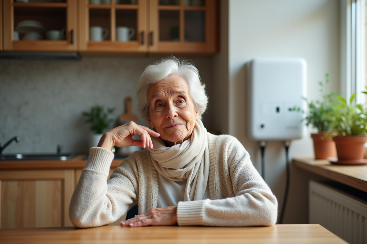 Femme âgée pointant une unité de stockage d énergie domestique