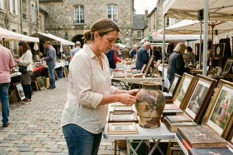 Femme parcourant les étals d'une brocante en village français, examinant des objets vintage en céramique sur une table de marché