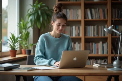 Jeune femme au bureau à la maison utilisant un ordinateur portable