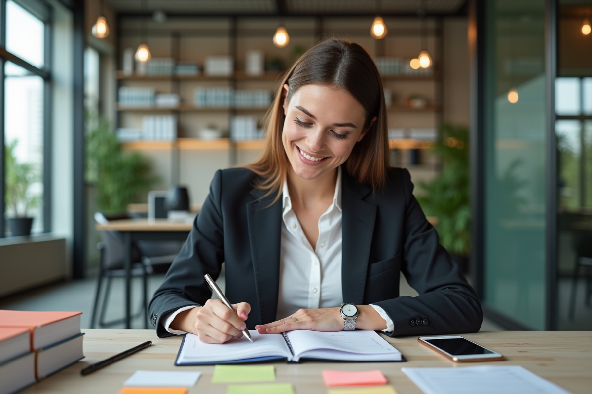 Femme organisée vérifiant sa liste de tâches au bureau