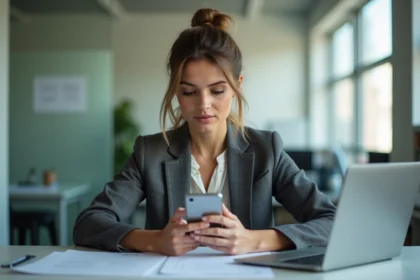 Femme en bureau moderne examinant son smartphone avec concentration