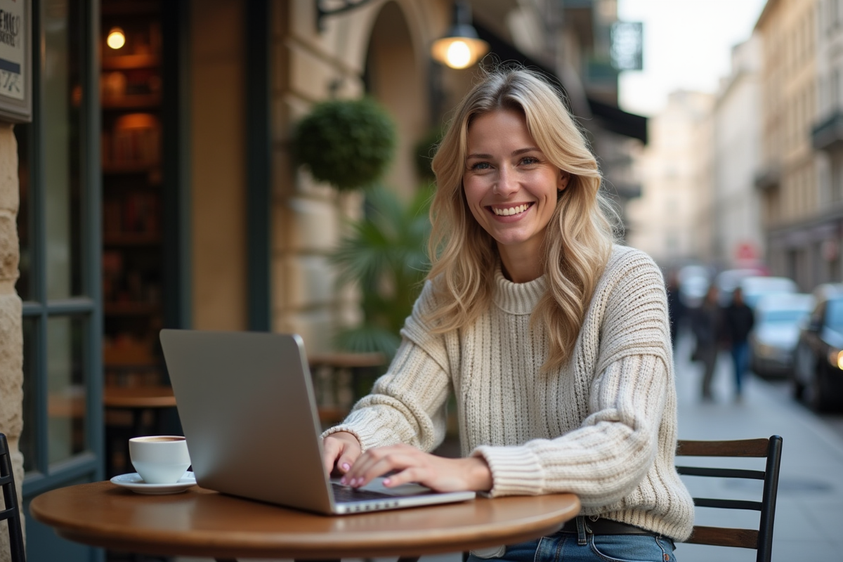 Femme souriante travaillant sur son ordinateur au café