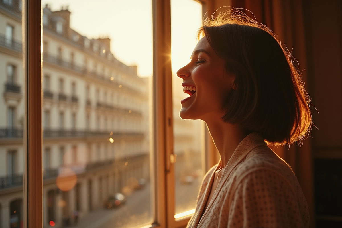 Femme chantant devant une fenêtre parisienne en lumière naturelle
