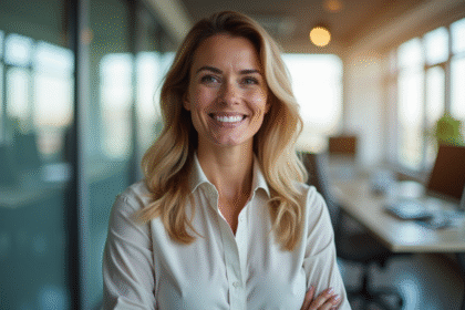 Femme confiante souriante dans un bureau moderne