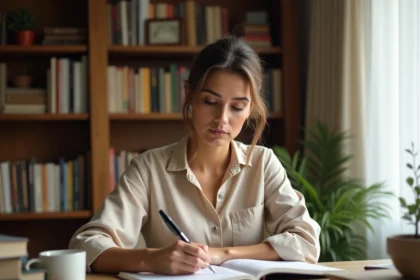Femme concentrée qui écrit dans un cahier avec des livres de grammaire française ouverts sur son bureau en bois