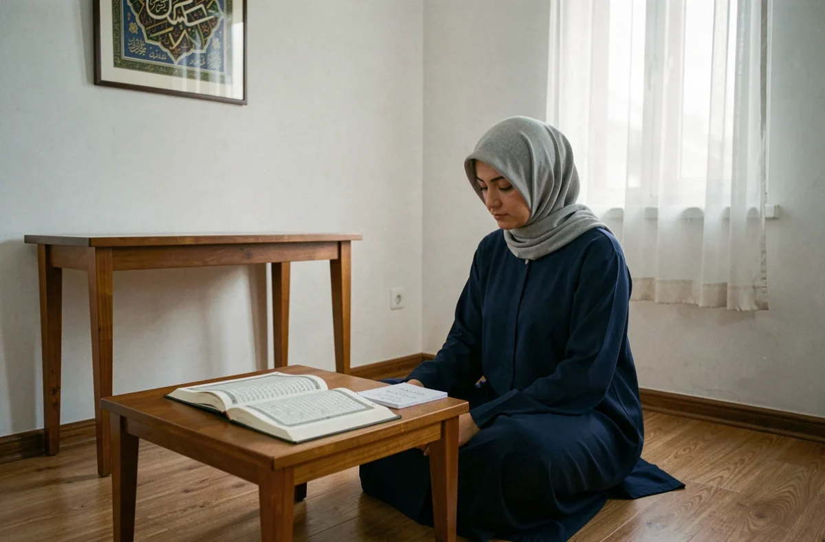 Femme convertie à l'islam étudiant le mode d'emploi de la prière du witr avec un Coran ouvert et des notes manuscrites
