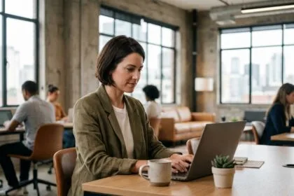 Femme en blazer lin travaillant sur un ordinateur portable dans un espace de coworking moderne avec murs en béton et fenêtres panoramiques