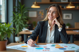 Femme en blazer regardant des maquettes graphiques dans un bureau moderne