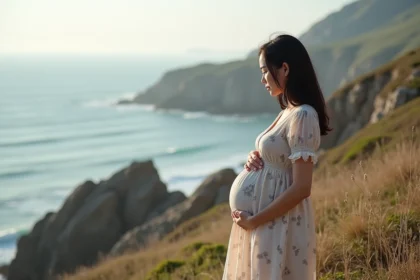 Femme enceinte contemplant la mer sur une falaise