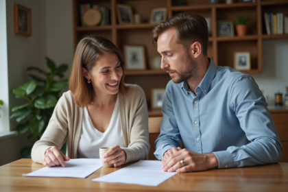 Femme et homme discutant de papiers dans la cuisine