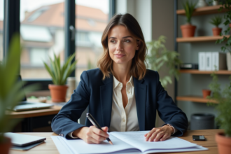 Femme professionnelle examine des rapports ESG dans un bureau moderne