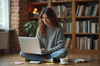Jeune femme jouant à un jeu de devinettes de mots sur ordinateur portable dans un salon chaleureux avec des notes autocollantes