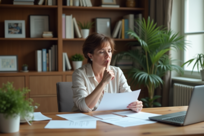 Femme d'âge moyen lisant des documents de prêt immobilier dans un bureau moderne